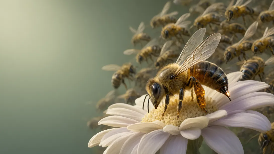 A bee on an open daisy with a whole swarm of bees crowding the same easy flowers behind it