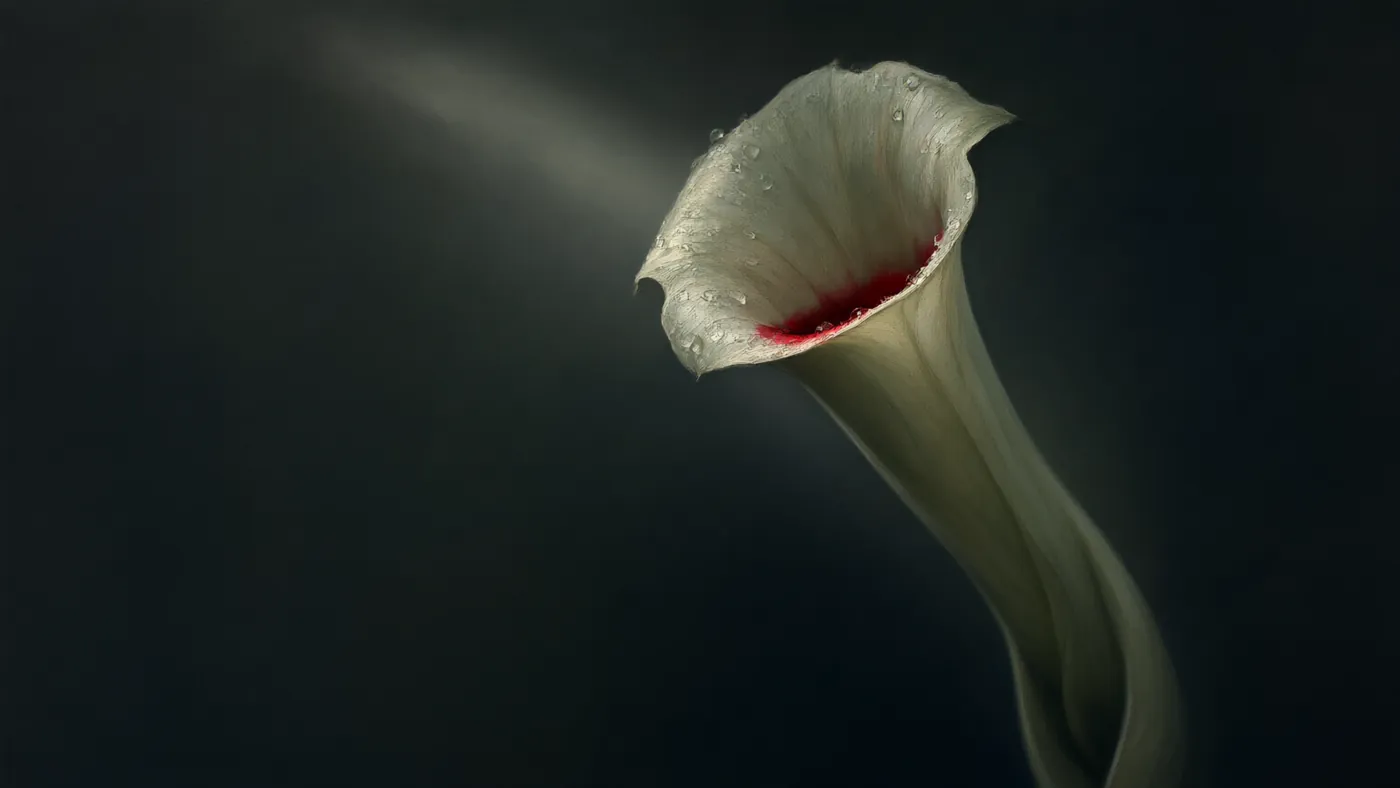 A single pale trumpet lily lit against a dark background, its nectar a hidden line of crimson deep inside the throat
