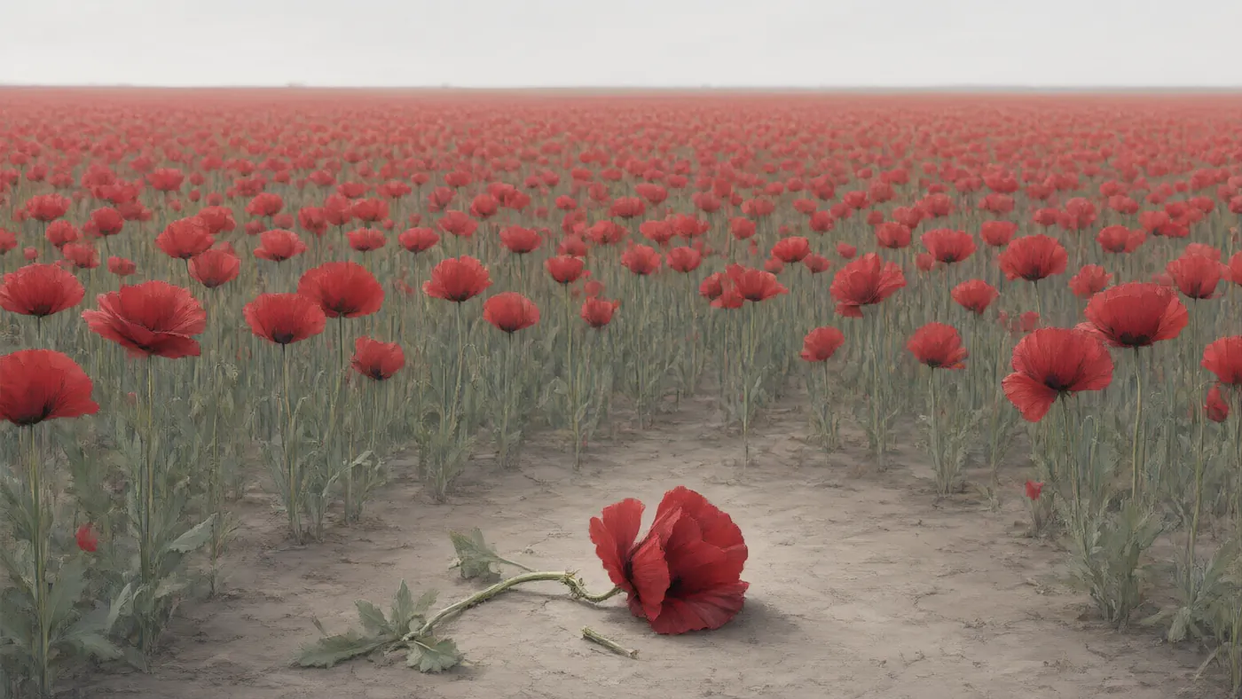 A vast field of identical red poppies stretching to a flat grey horizon, with one poppy cut off and lying on the bare cracked earth in the foreground
