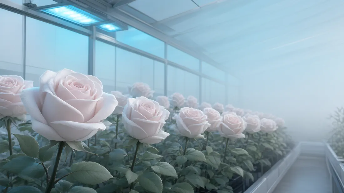 Rows of identical pale roses under cold blue grow-lights in a sterile greenhouse