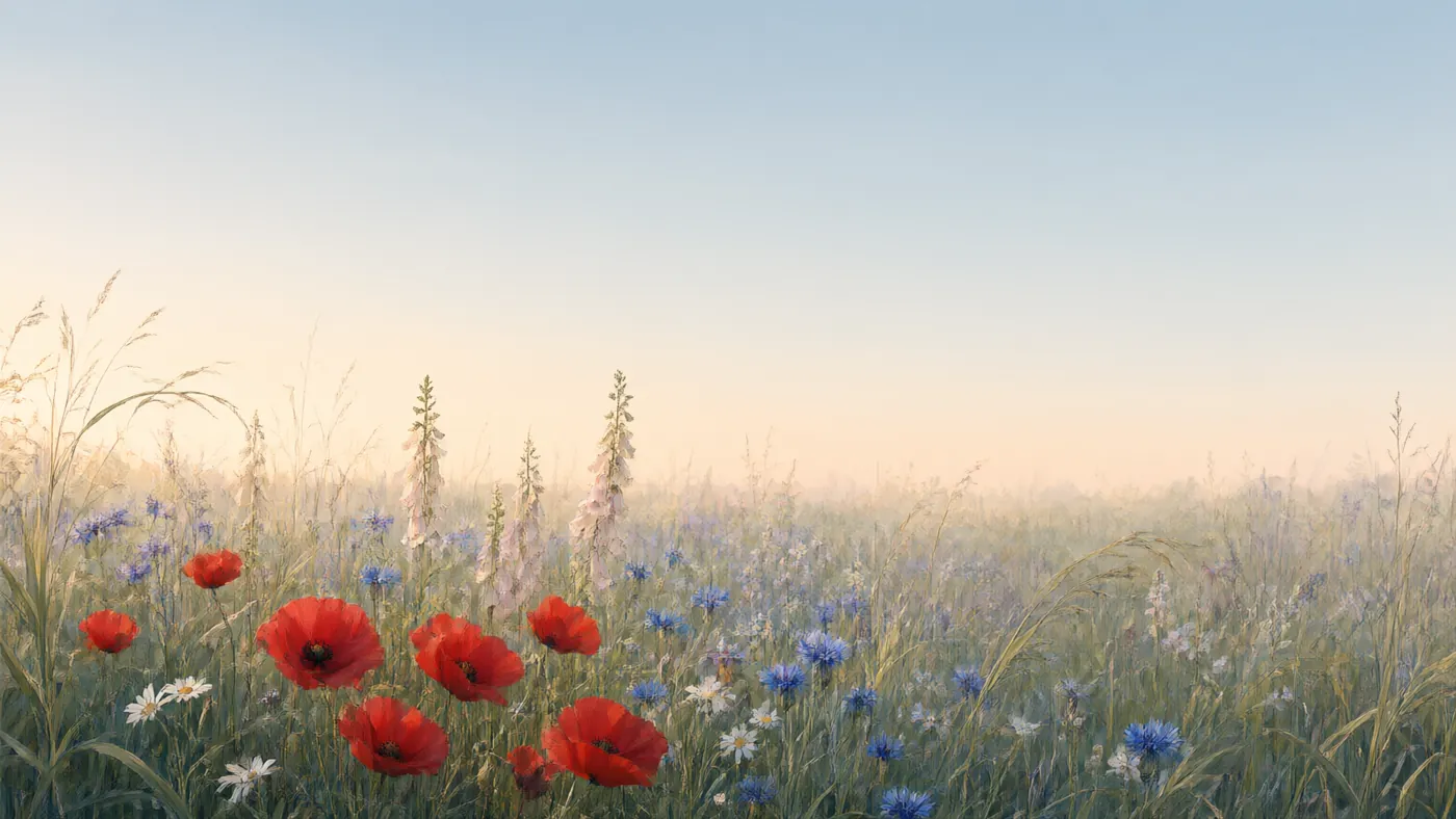 A soft dawn meadow full of different wildflowers together, poppies, cornflowers, daisies and foxgloves